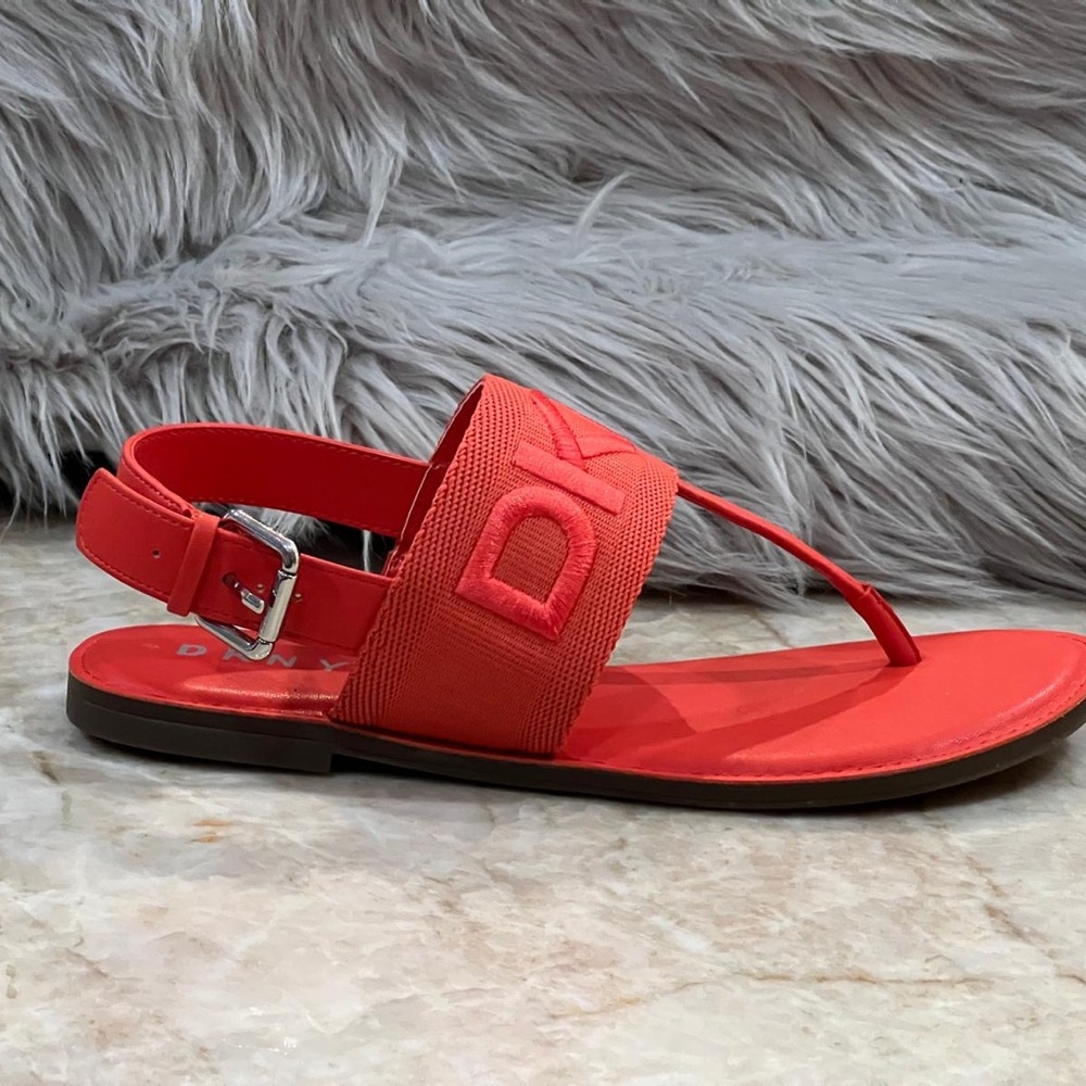 DKNY Women’s Flat Buckled Sling Back Logo Sandal. New